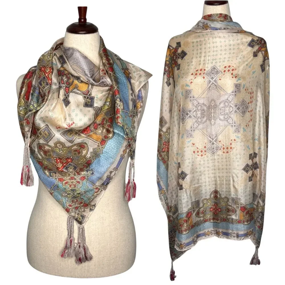 Johnny Was Silk Scarf Tassels Medallion Kaleidoscope Print Square 42x42 Blue